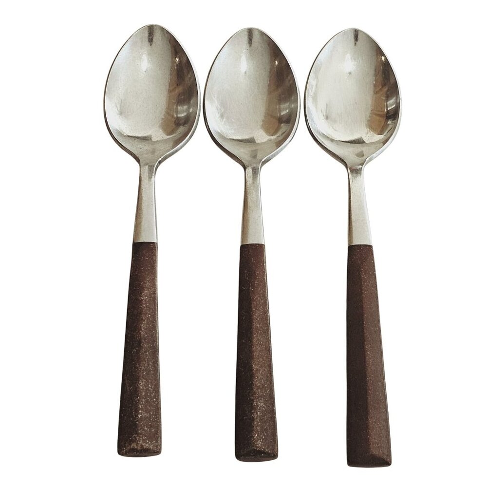 3 Woodwind Teaspoon Spoon 6" wood-like handle vtg midcentury boho minimalist mix